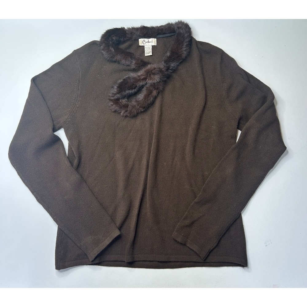 Carducci Faux Fur Trim Sweater Women Large Brown Long Sleeve Knit Pullover